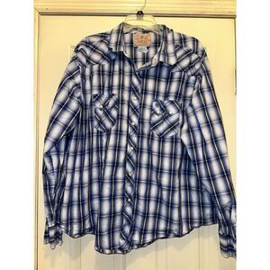 Vintage Pearl Snap Wrangler Shirt Men's 2X Blue Striped Western Cowboy‎ 90s LS